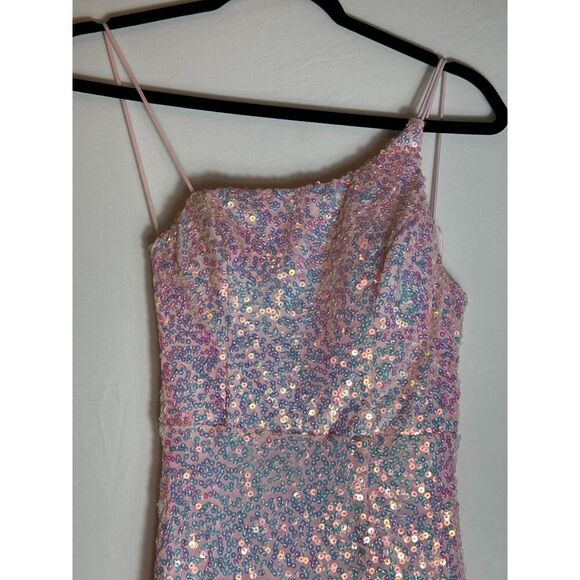 Midnight Doll One Shoulder Pink Sequin Gown with Front Slit Size 0 - Picture 4 of 7